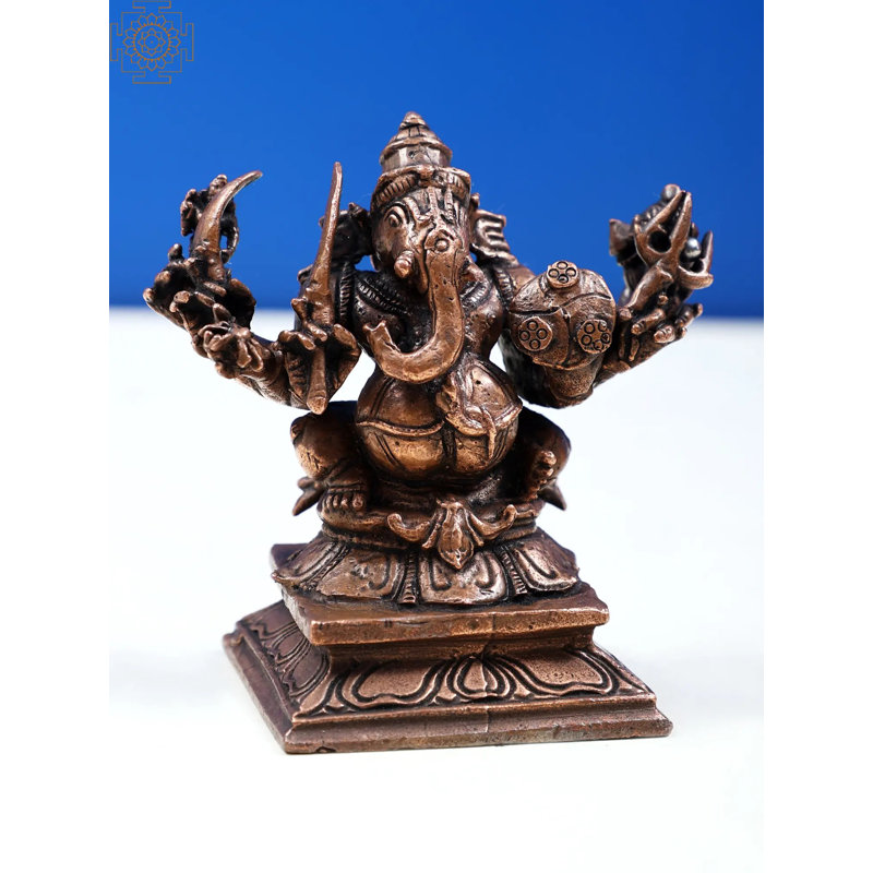 3" Small Copper Eight-Hand Lord Ganesha Statue - Handcrafted Ashtabhuja Cosmic Warrior Sculpture for Home Decor