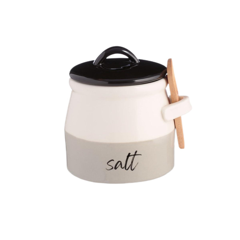 Salt Cellar With Lid And Spoon (10 Oz) - Handmade Salt Keeper W/Wooden Spoon - Ceramic Salt Container With Lid - Stylish Salt Storage Container
