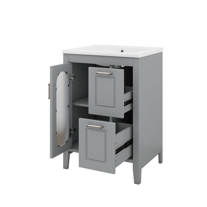 Meuble-lavabo autoportant 24 po avec 2 tiroirs et porte réglable 24 po avec lavabo, tablette réglable, Gris