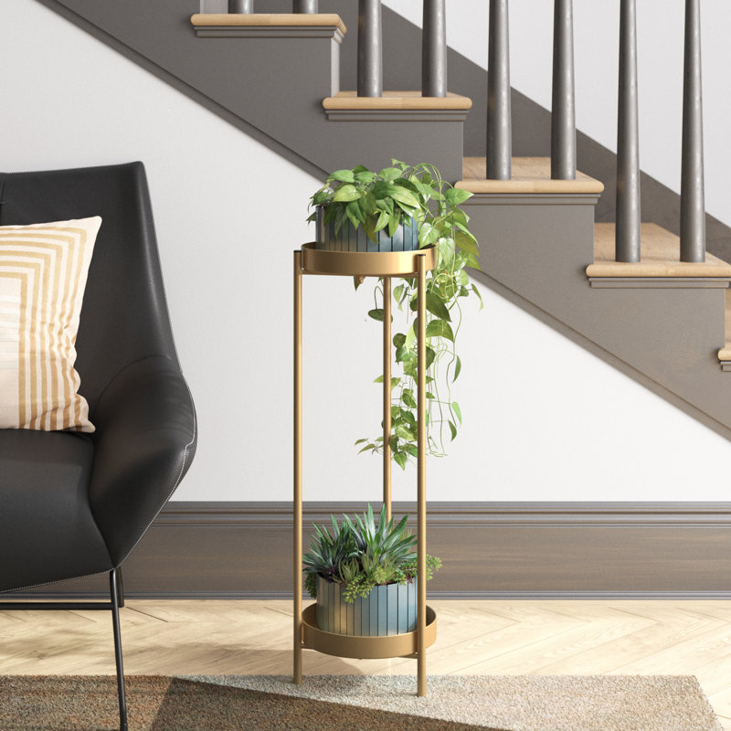 Support pour plante rond à plusieurs niveaux en métal, H 31,5 po x l 9,6 po x P 9,6 po, Or