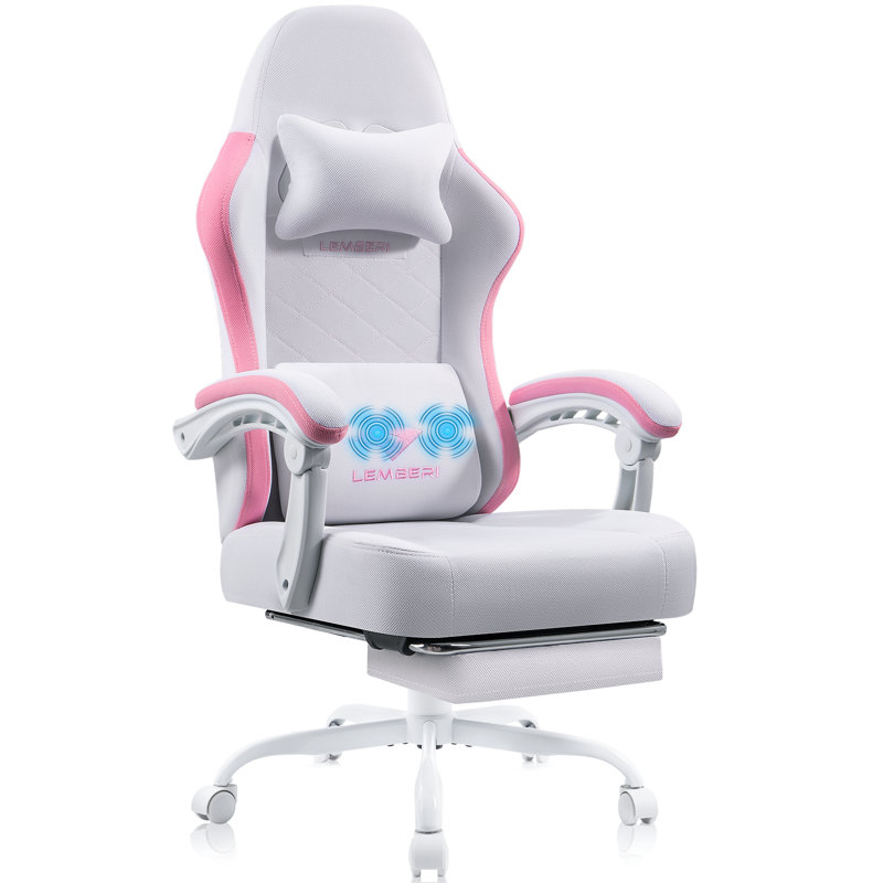 Gaming Chair With Footrest, Racing Style Computer Gamer Chair With Headrest And Lumbar Support, White/Pink
