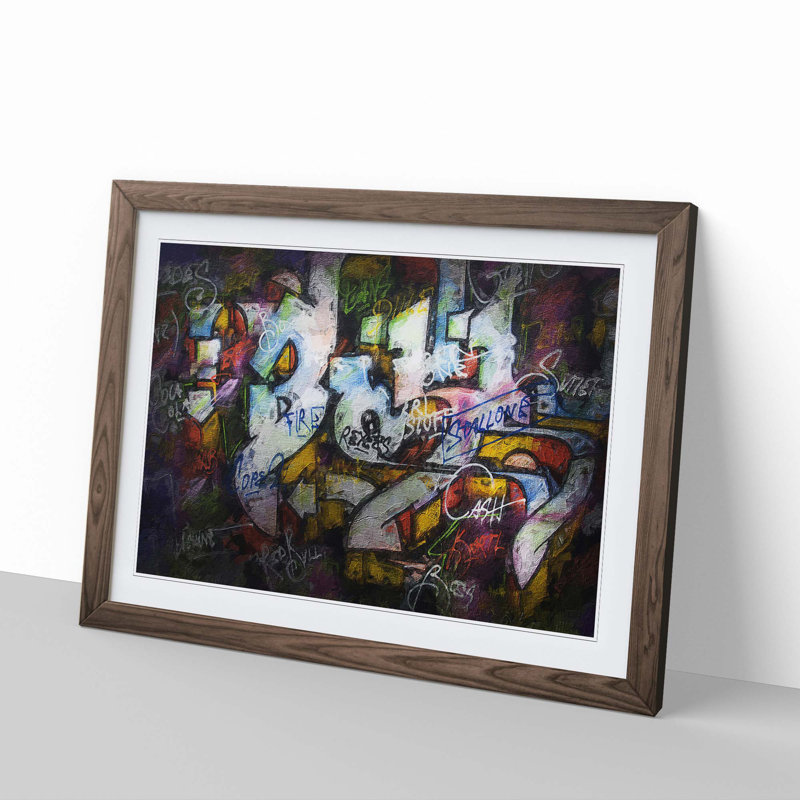 Multi-Coloured Wall Graffiti - Picture Frame Painting Print, 36cm H x 48cm W x 2cm D, Walnut Framed