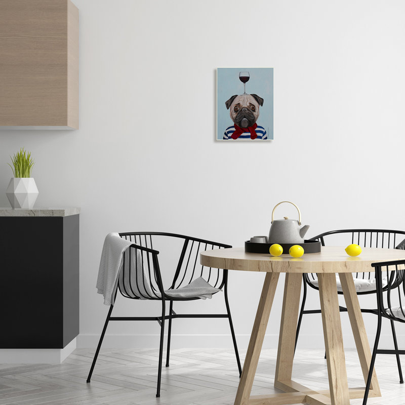 Carlin portant un ensemble de verres à vin Mime par Coco de Paris - Peinture, H 15 po x l 10 po x P 0,5 po, Plaque murale