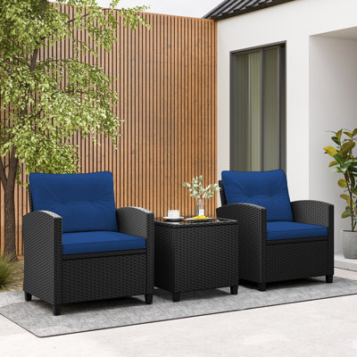 Ensemble de 3 meubles de patio avec coussins lavables pour table basse en verre trempé