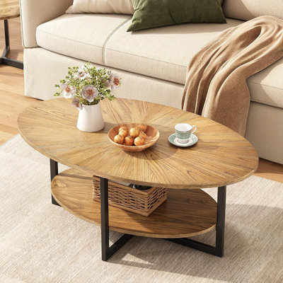 Table basse ovale en bois massif avec pieds en croix en métal, table de centre moderne avec tablette ouverte de 43,3 po avec tablette ouverte, salon, chambre à coucher, nature rustique 1811