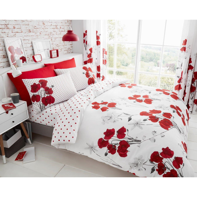 Floral Design Duvet Cover Set Polycotton with Pillowcases - Yarn Bedding, Red, Double