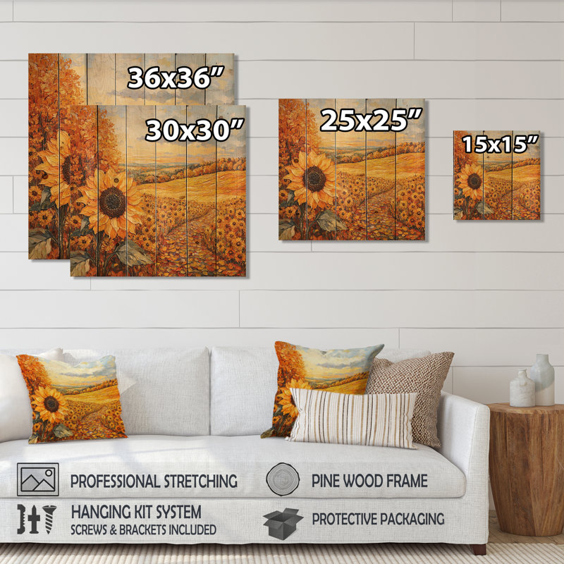 Country Side Sunflowers In Fall I - Sunflowers Wood Wall Decor - On Natural Pine Wood, 25" H x 25" W x 0.78" D