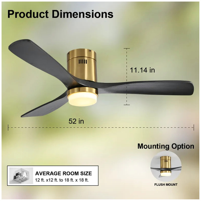 Ventilateur de plafond décoratif 52 pouces avec lumière DEL à intensité variable, télécommande 6 vitesses, 3 pales en bois massif, moteur à courant continu réversible pour le salon