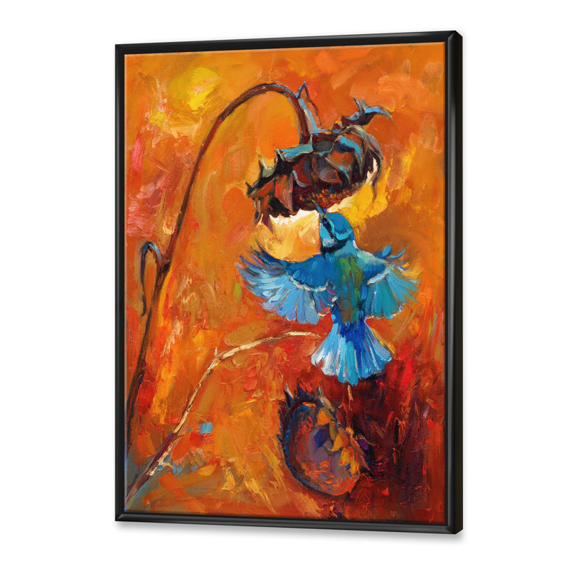 Colibri bleu sur fond orange - peinture sur toile, H 32 po x l 24 po x P 1 po, Cadre flottant noir