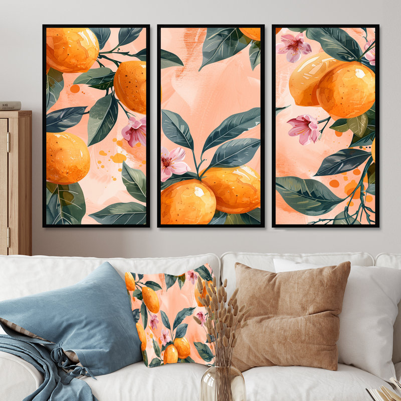 Ensemble d'art mural jaune, jaune, floral, orange, arbres III - fruits, Cadre flottant noir, H 28 po x l 36 po