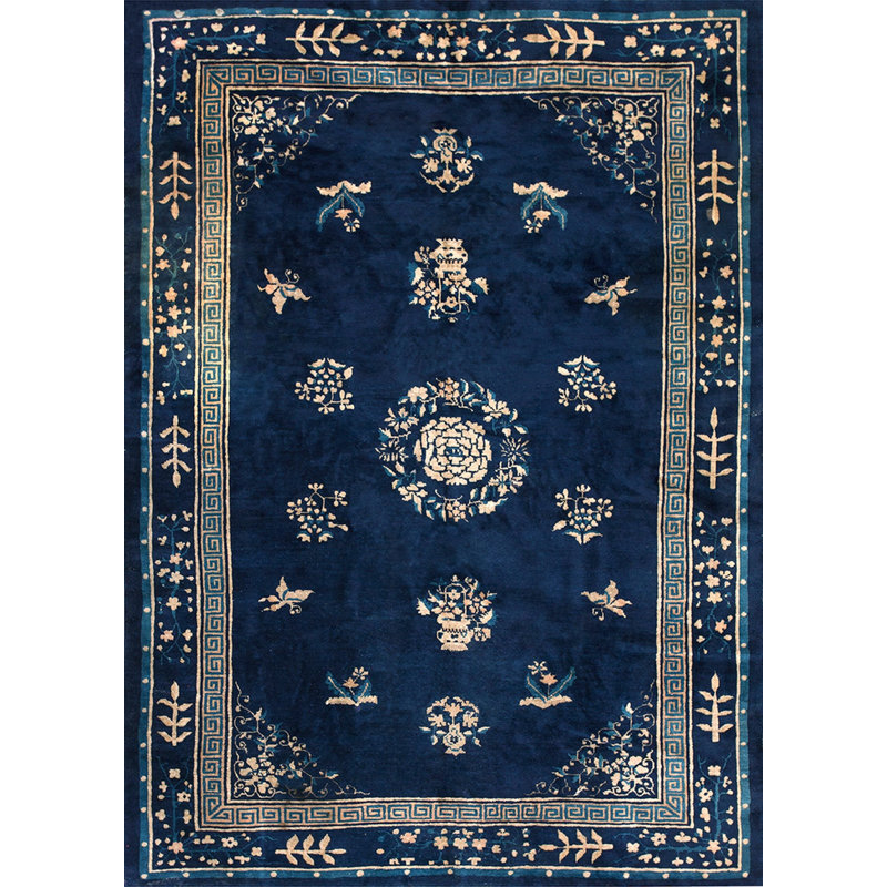 Antique Rectangle 1900s Blue Wool Hand Knotted Pile Rug