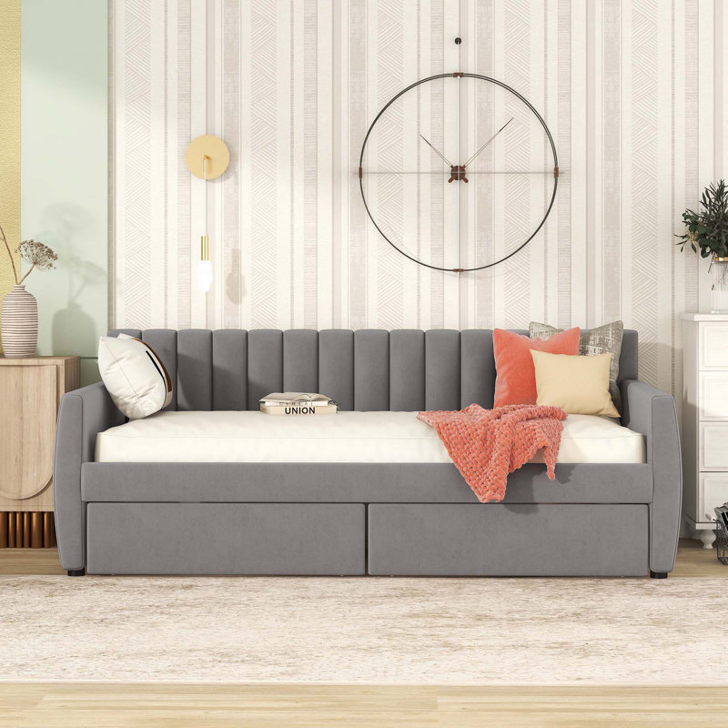 Lit de jour simple tapissier avec tiroirs, Gris