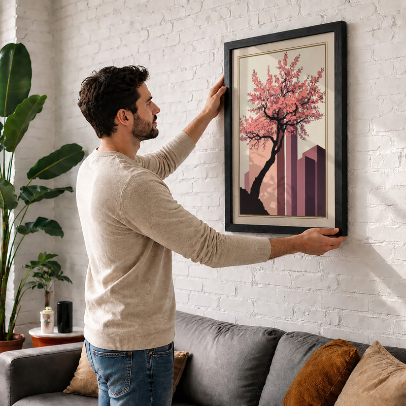 Blossoms and Skyline Art Deco - Framed Print, A2 - 59.4 x 42.0 cm, White