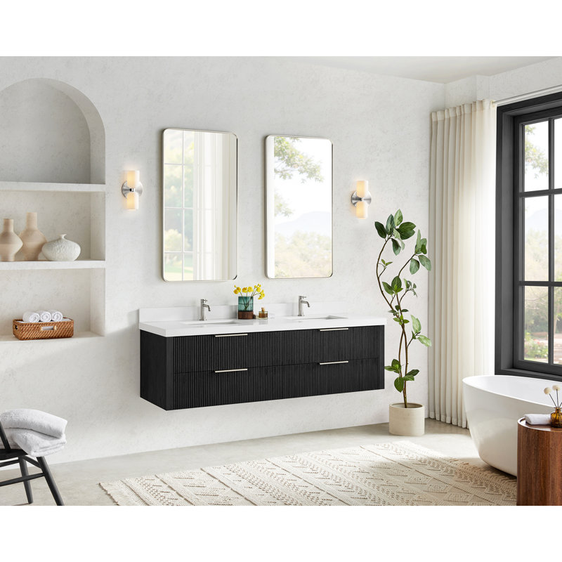 Barcelona 72" Floating Double Bath Vanity in Oak Weathered Black with White Quartz Stone Top, 72"