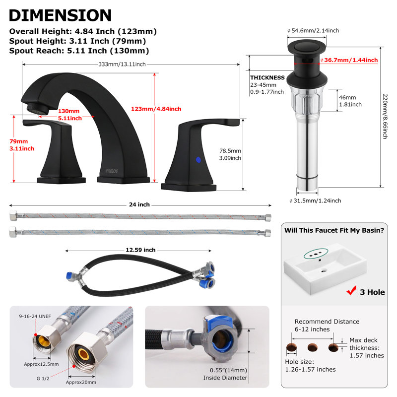 Robinet de salle de bain à 2 poignées avec drain, Noir mat