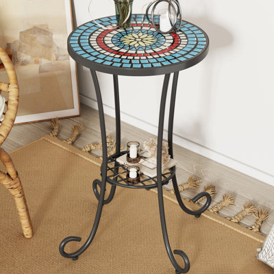 Patio Side Table With Shelf In Blue+black, Ceramic Tile Surface, 14" Wide X 22.04" High, Weather- Elegant For Patio, Blue And Black Tile, Construction, 14"x14"x22.04", Scratch- Surface