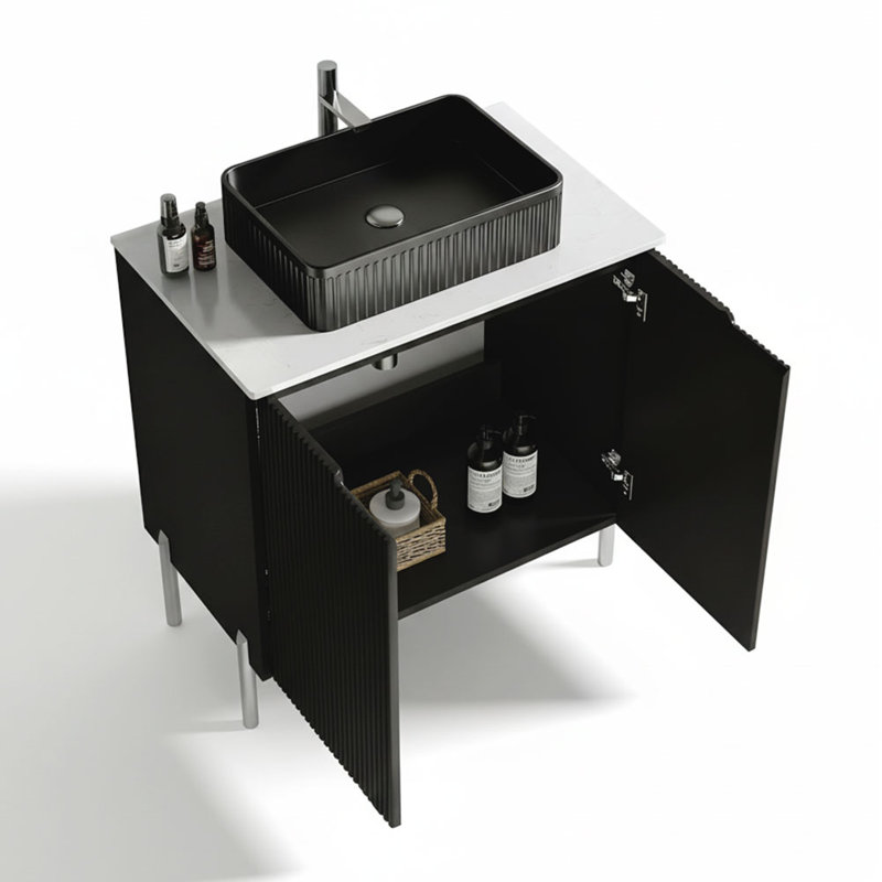 Meuble-lavabo simple 30 po avec plateau en pierre d'ingénierie Nivaeh, Noir, Rectangular