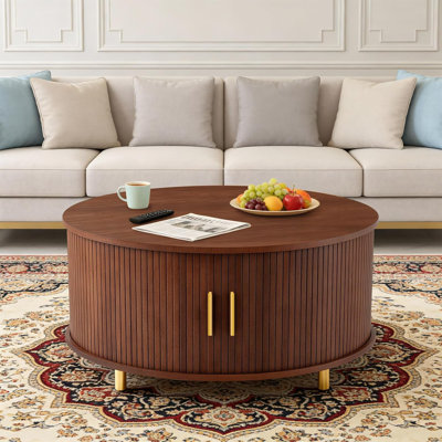 Round Coffee Table with Storage, 31.5" Mid Century Modern Coffee Table with 360° Curved Sliding Door