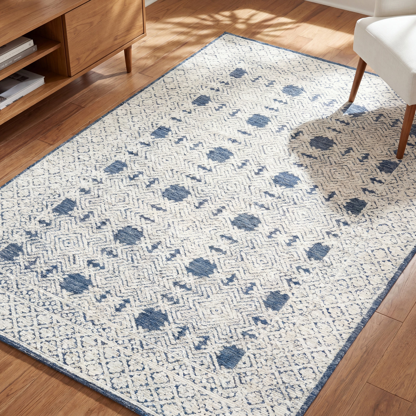 Matthew Navy Cream Hand-Tufted Wool Rug, Rectangle 6' x 9'