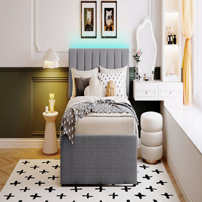 Lit plateforme tapissier avec lit gigogne double Teddy