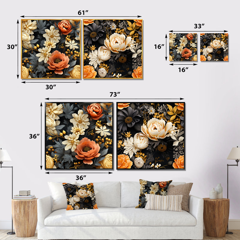 Mancenillier - Ensemble de 2 décorations murales florales, Toile tendue, H 16 po x l 33 po x P 1 po
