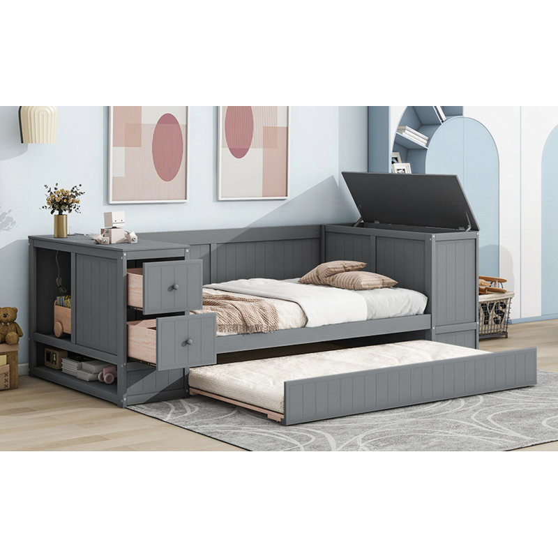Lit de jour simple avec accoudoirs de rangement, lit gigogne, Gris