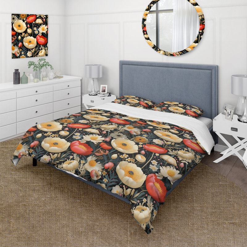 Ensemble de housse de couette beige et rouge, Housse de couette pour grand lit et 2 taies décor