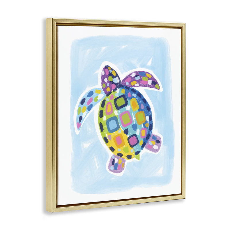 Tortue mosaïque sur toile encadrée flottante bleue par Lisa Nohren, Cadre flottant métallique doré, H 31 po x l 25 po