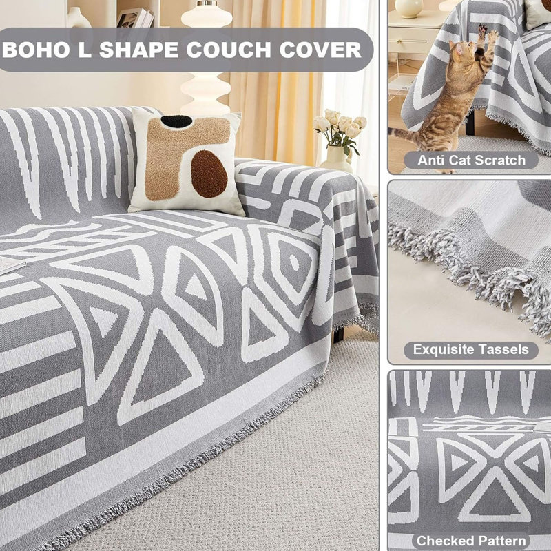 Chenille Box Cushion Sofa Slipcover, Grey Geometric