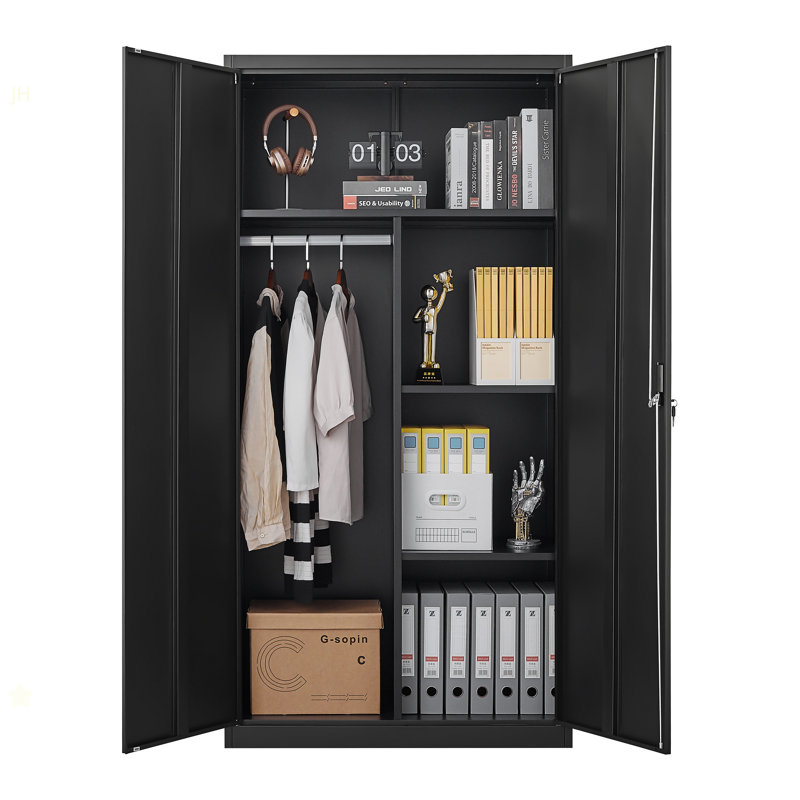 Black Metal Large-Capacity Wardrobe With Hanging Rod And Compartments, Lockable Closet With Locks & Keys, Steel Construction, Waterproof & Fireproof, Suitable For Bedroom, Living Room And Laundry Room