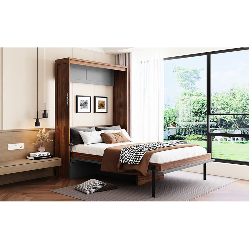 Full Size Murphy Bed With Foldable Desk, Gray/Walnut