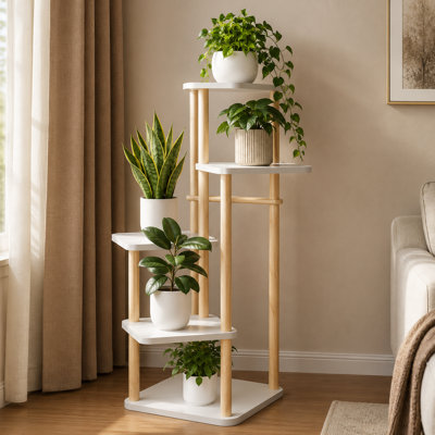 Support à plante en bois blanc, tablette d'intérieur à plusieurs niveaux avec base carrée de 11,8 po pour pots de fleurs