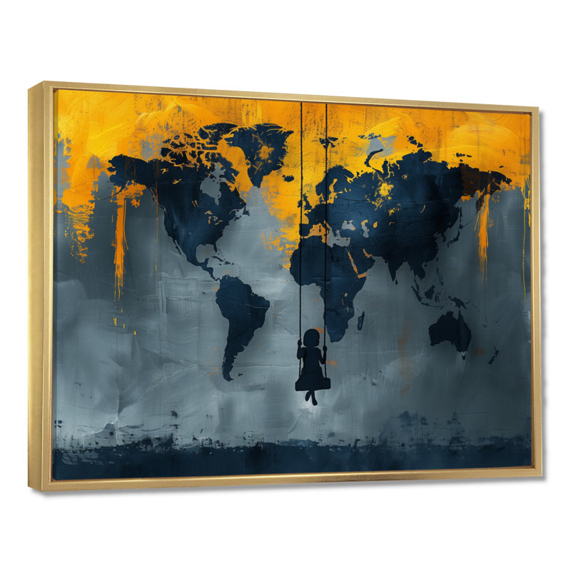 Jaune, jaune, carte du monde, aire de jeux Silhouette III - carte du monde, art mural, salon, Cadre flottant doré