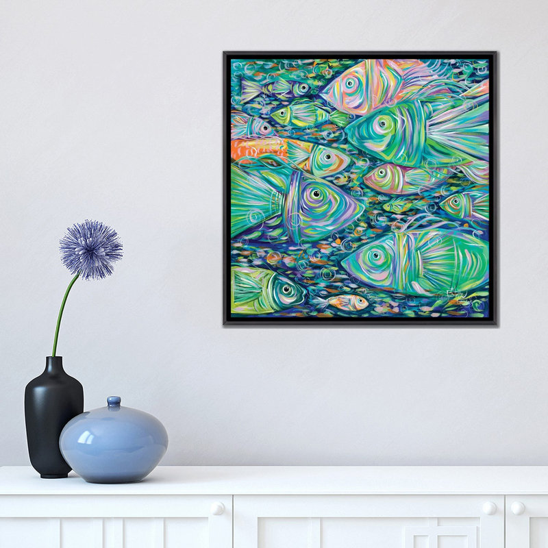 " School Of Fish " by Estelle Grengs, No Mat, 18'' H x 18'' W x 1.5'' D, Distressed Black Framed Canvas