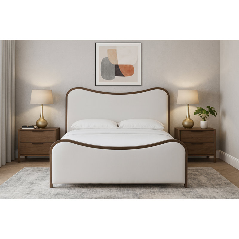 Lit tapissier Arvada, Crème lin texture tissu / brossé noyer, Double