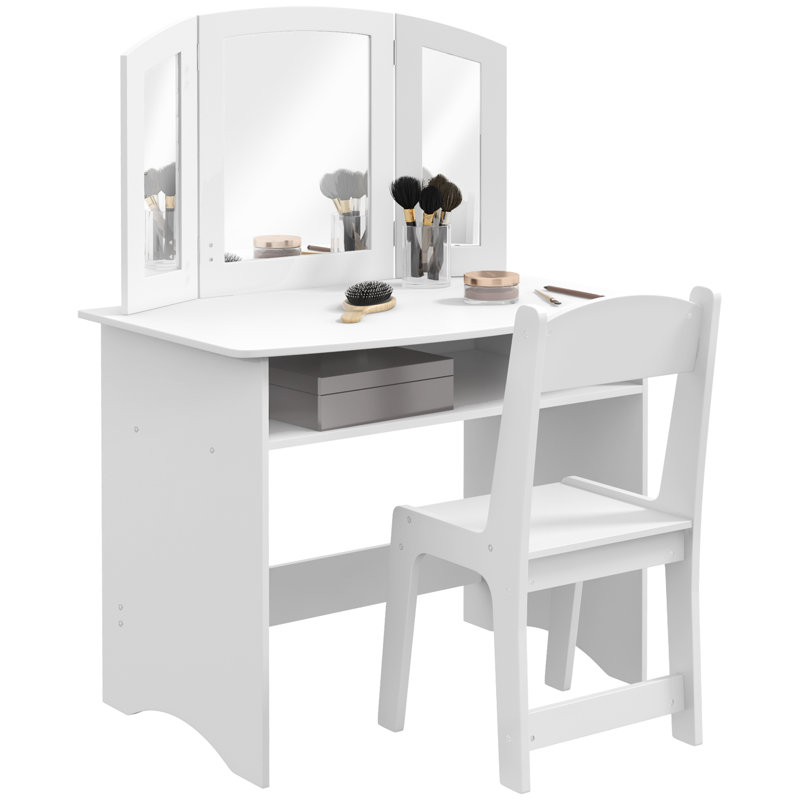 Ensemble de coiffeuse Harriet Bee Kids, table de maquillage 2 en 1, table de jeu avec tabouret à miroir pliant, tablette de rangement, plateau amovible, pour petites filles de 3 à 8 ans, blanc