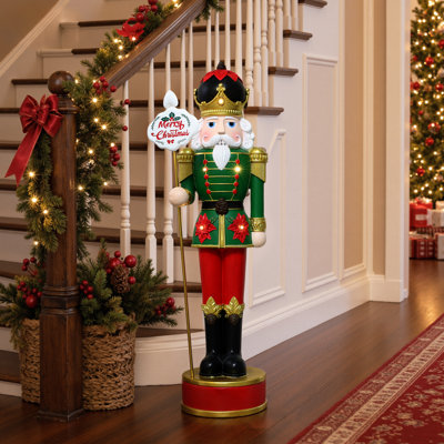 Soldat Casse-Noisette vert pré-illuminé de 1,13 m avec panneau de Noël et minuterie