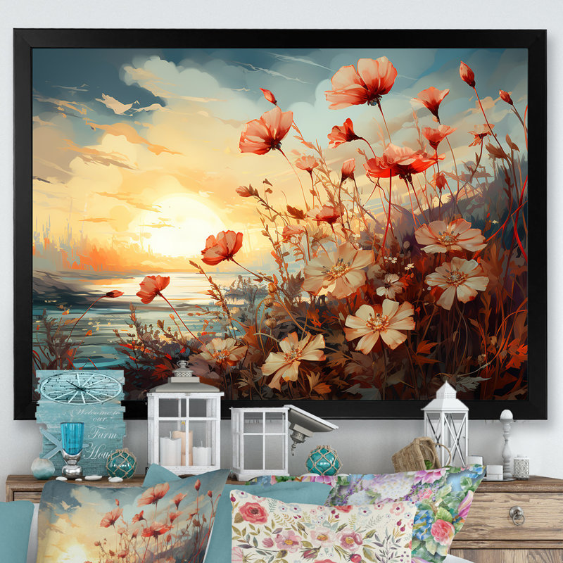 «Meadow Stream At Sunset II», reproduction sur toile, Cadre simple noir, H 24 po x l 32 po x P 1 po