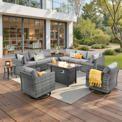 Aliva 11-Piece Outdoor Wicker Patio Seating Group with Fire Pit Table and Rocking Chairs, 8-Person Modular Sectional Sofa Set
