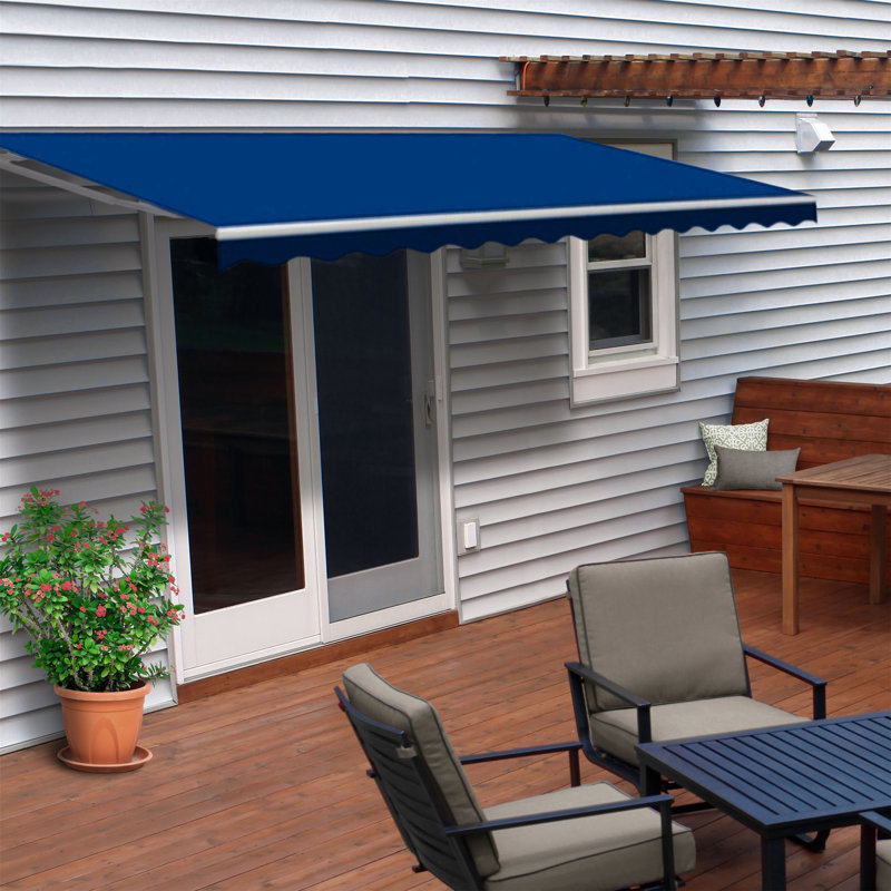 Retractable Patio Awning - White Frame, Blue, 13' W x 8' D 