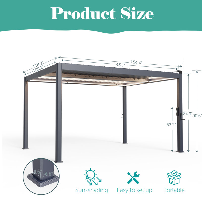Pergola solaire en aluminium à DEL avec auvent, 10 x 13 pi