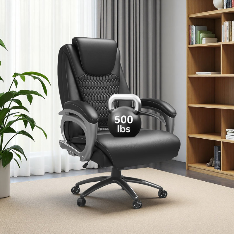 Chaise de bureau ergonomique Kundra 500 lb, chaise de bureau robuste en cuir polyuréthane à haut dossier, chaise d'ordinateur à roulettes à hauteur réglable pour le travail à domicile (noir)
