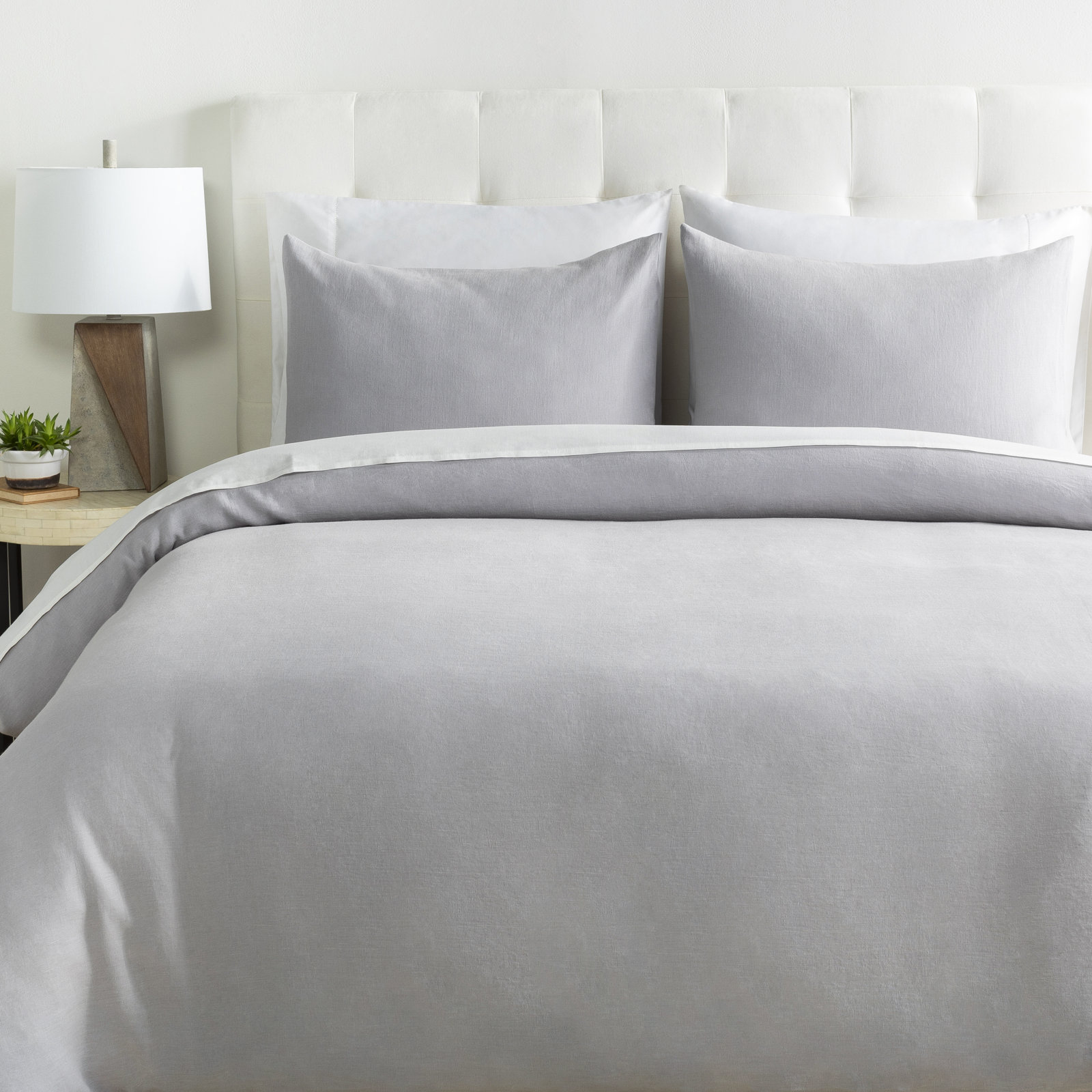 Pia Linen Duvet Cover Set, Queen Duvet Cover + 2 Standard Shams, Light Gray