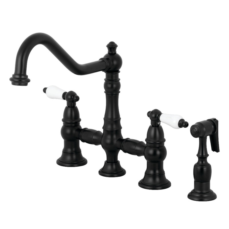 Kingston Brass Restoration Two-Handle 4-Hole Deck Mount Bridge Kitchen Faucet with Brass Side Sprayer, Matte Black