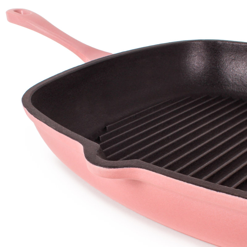 Ensemble de fonte 2 pièces Neo: poêle à griller de 11 po avec presse à steak rainuré et huître, Rose