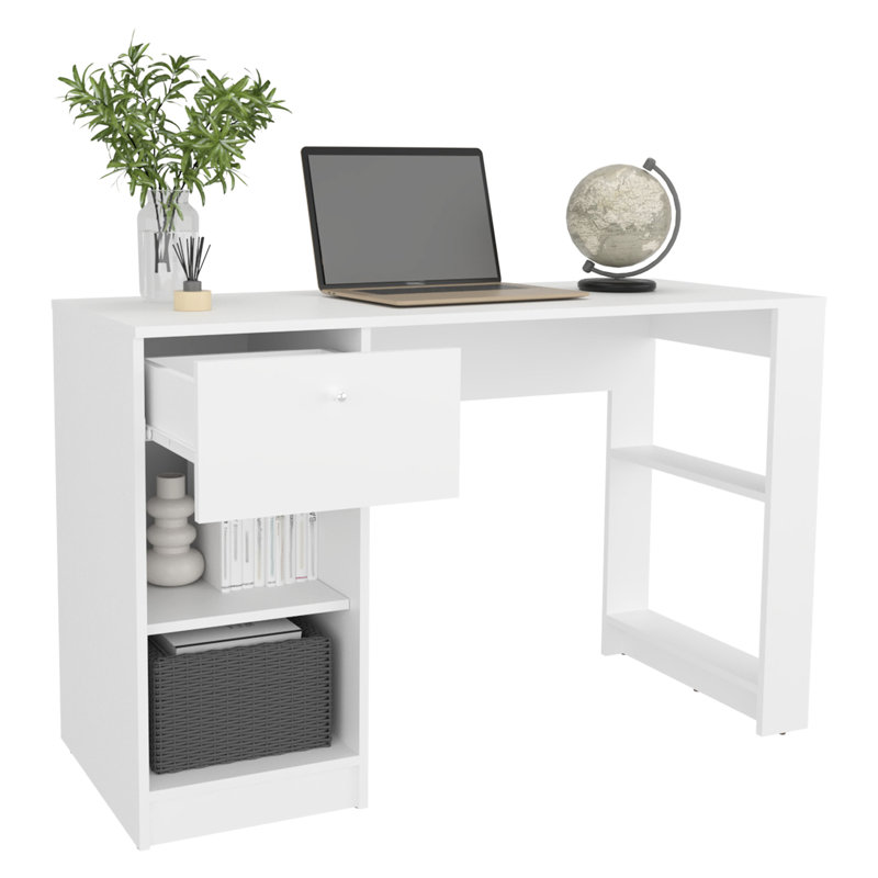 Bureau de 47 po de largeur avec lignes épurées - Bureau à la maison rectangulaire blanc moderne avec un tiroir et quatre tablettes pour un grand espace de rangement