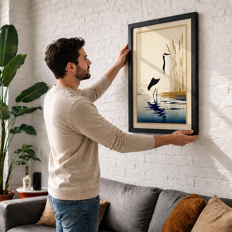Heron in Reeds Japandi - Framed Print, Walnut, A1 - 84.1 x 59.4 cm