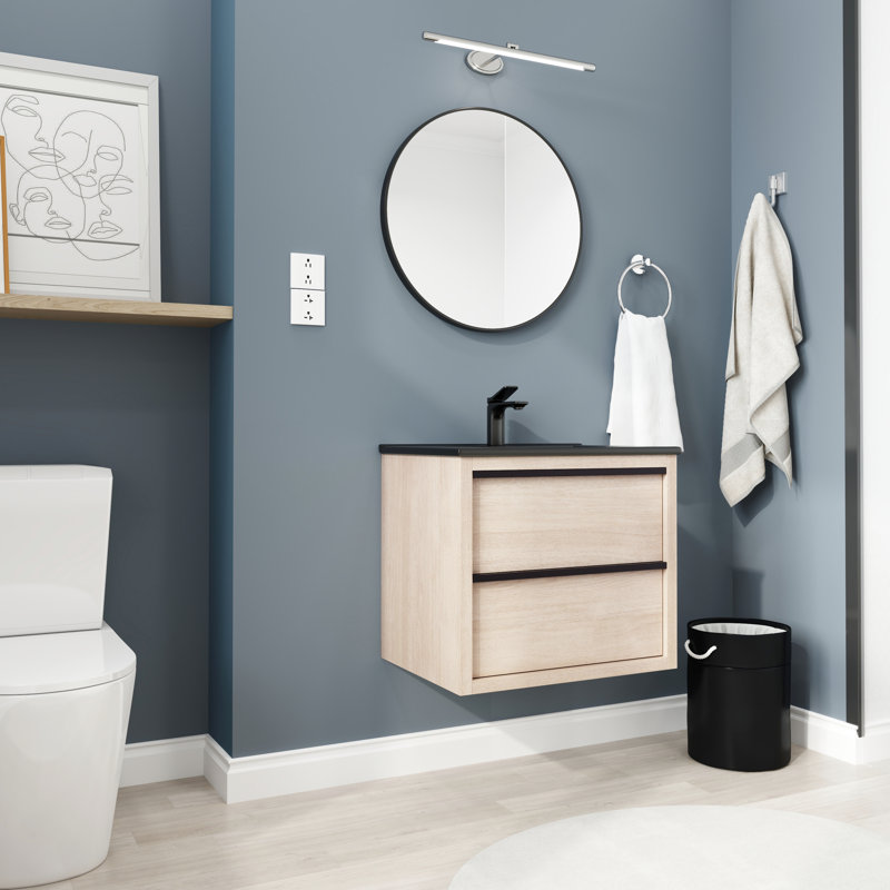Meuble-lavabo moderne avec lavabo en céramique noire, 2 tiroirs à fermeture en douceur résilient avec lavabo, options de tiroirs robustes