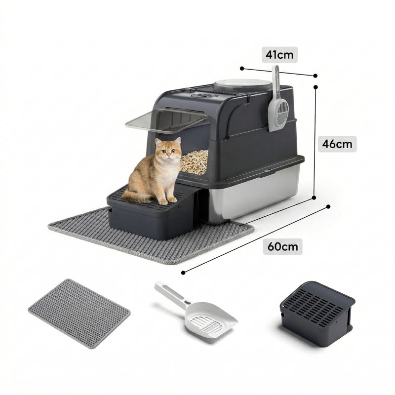 Grande grande litière pour chat en acier inoxydable avec couvercle rabattable, conception ouverte et fermée 3 en 1, marchepied et tapis anti-traces, contrôle des odeurs, nettoyage facile