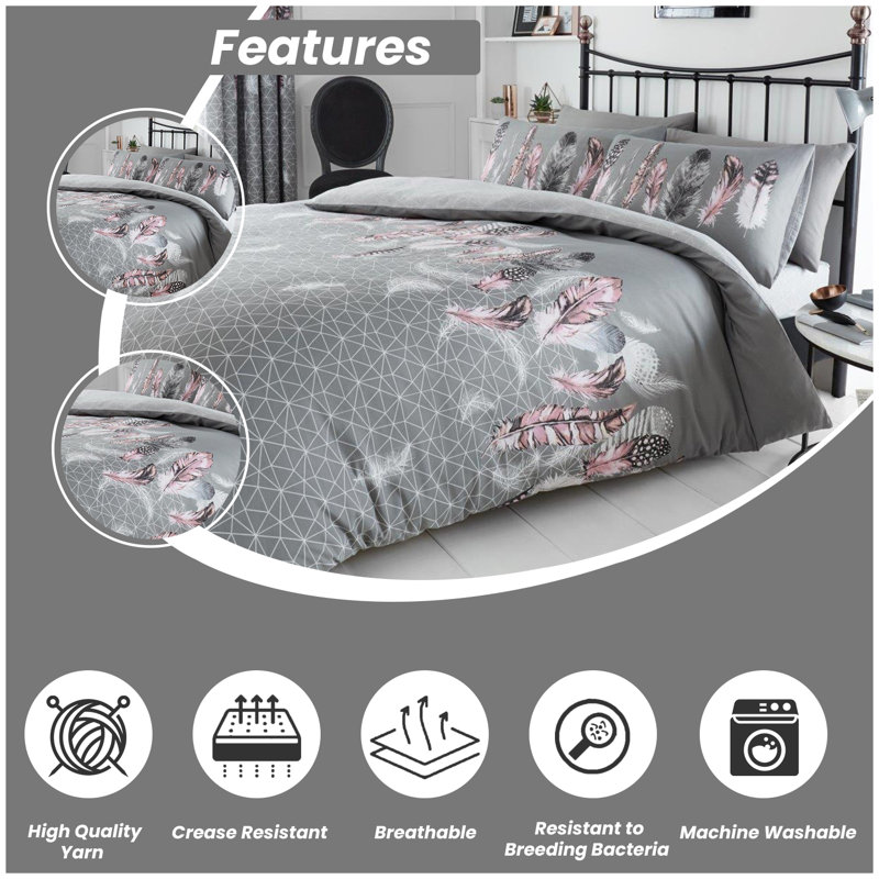 Modern Feather Design Duvet Cover Set with Matching Pillowcases - Polycotton Fabric Bedding, Double, Grey